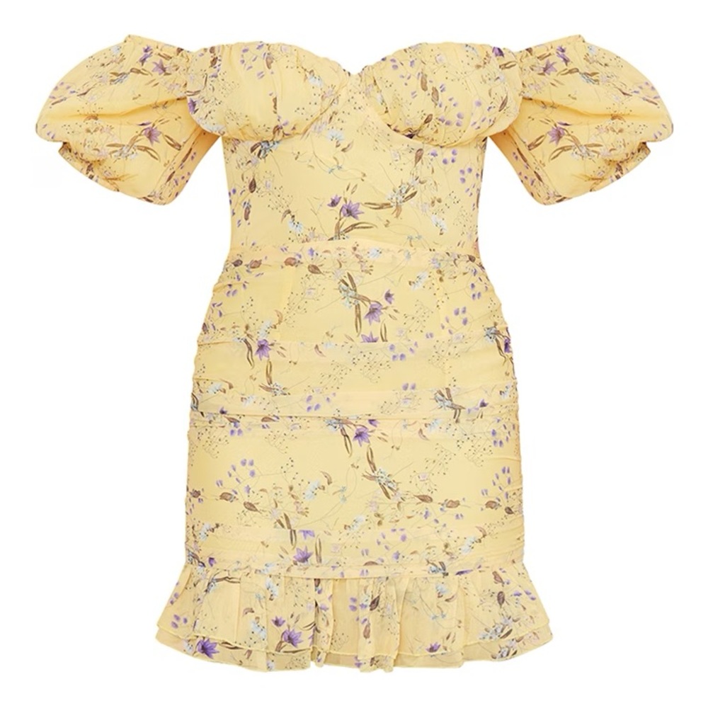 Pretty Little Thing Yellow Floral Print Chiffon Puff Sleeve Bodycon Dres